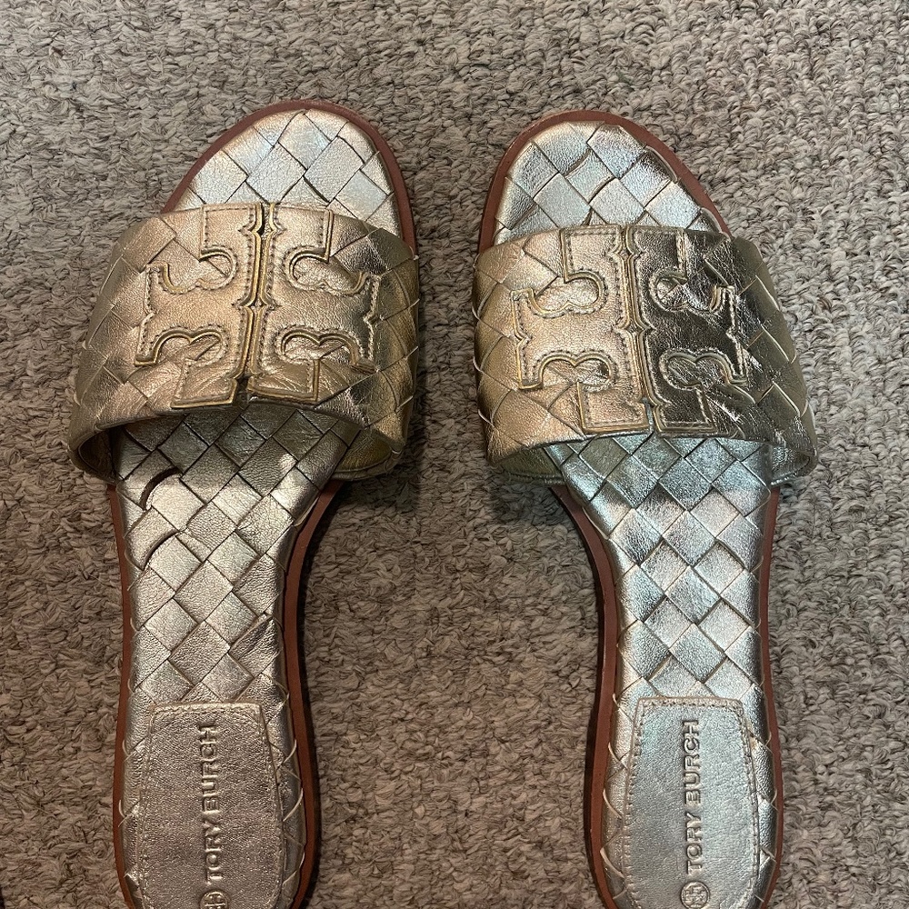 Tory Burch gold slides size 10